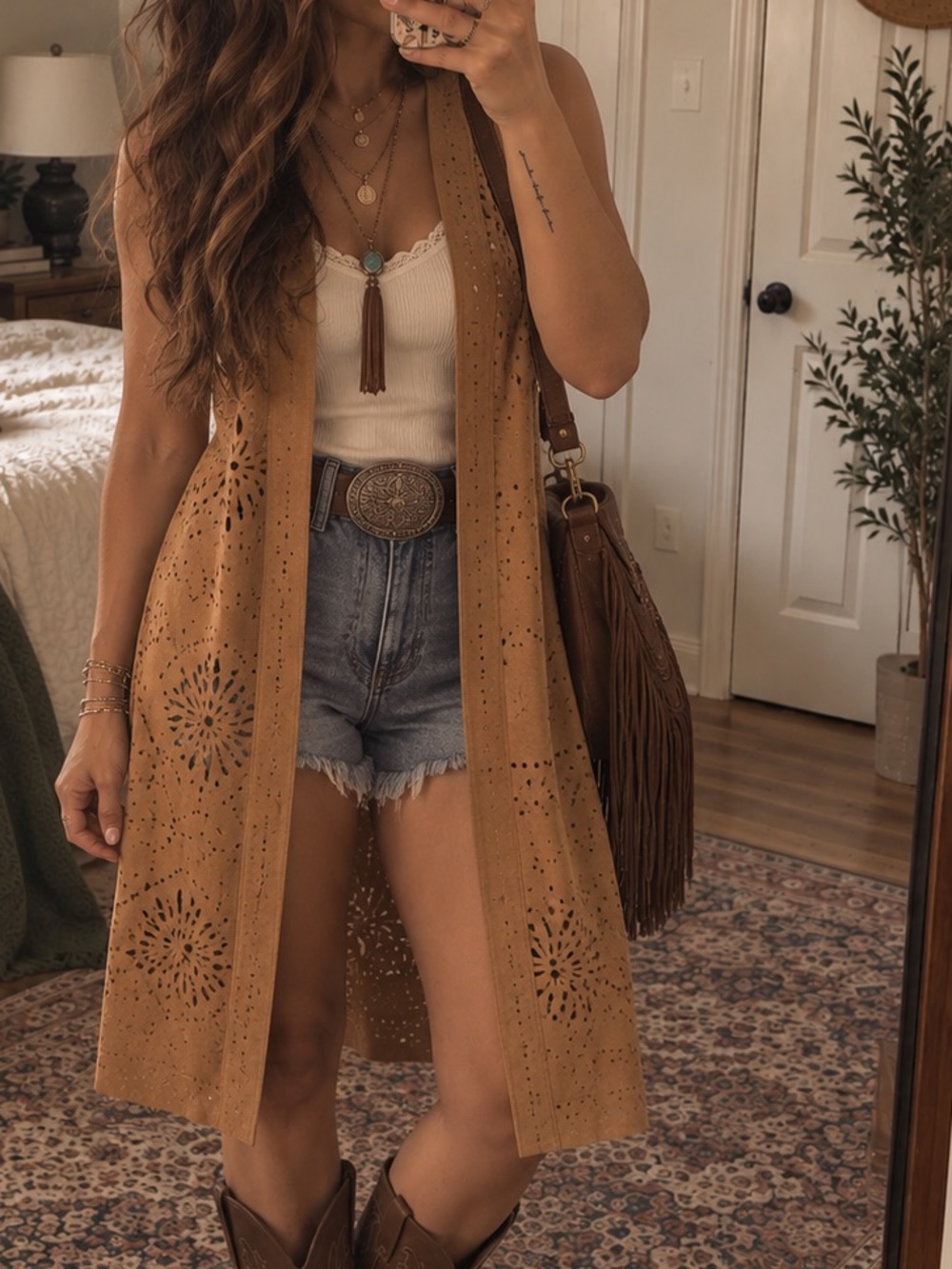 Ariat Faux Suede Laser Cut Long Duster Vest Western Boho M/L